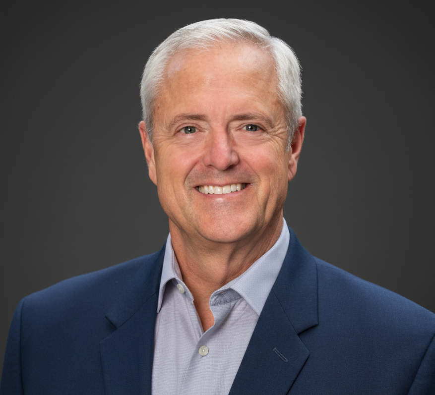 Portrait of a smiling middle-aged man with gray hair, wearing a navy blue suit and light-colored dress shirt against a dark background.