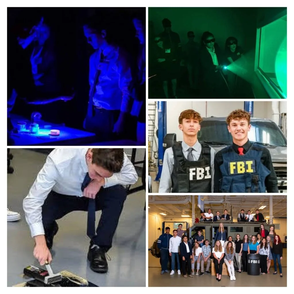 Collage of five photos showing students engaged in science experiments, creating, and participating in law enforcement activities, including a group photo with FBI agents and a tank.