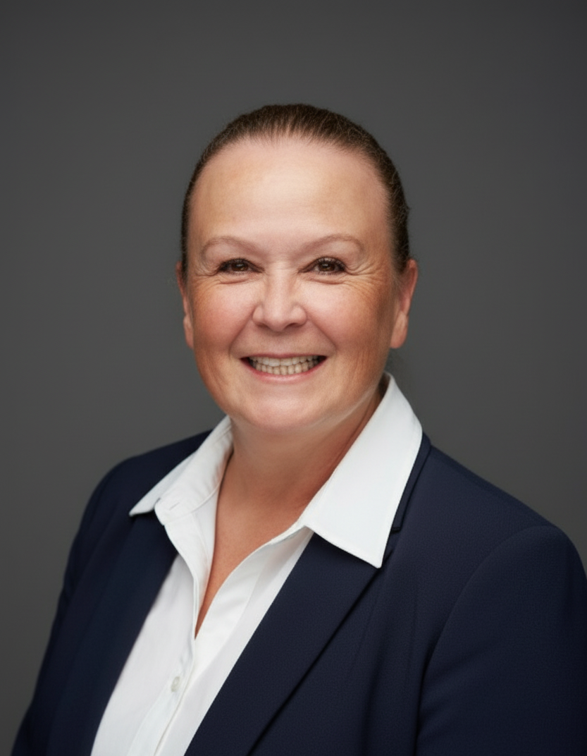 Professional woman smiling, wearing a navy blazer and white shirt, against gray background.