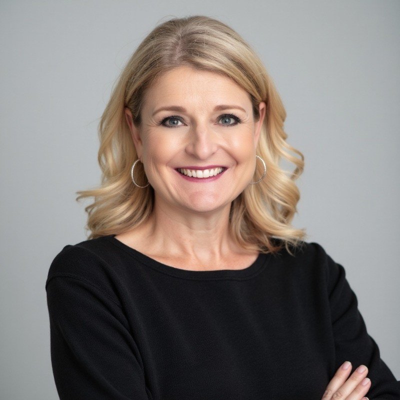 A woman with blonde, wavy hair wearing hoop earrings and a black top, smiling with arms crossed in front of a light gray background.