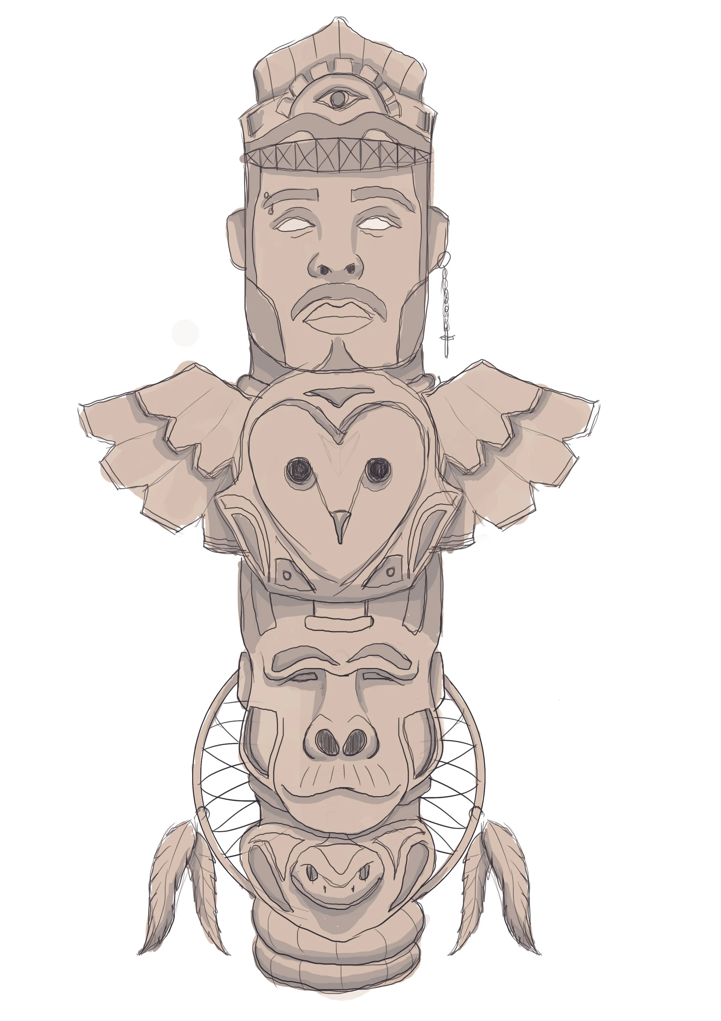 Dibujo de un totem vertical, donde se aprecia un hombre, un búho, un orangután y una serpente, unos encima de otros