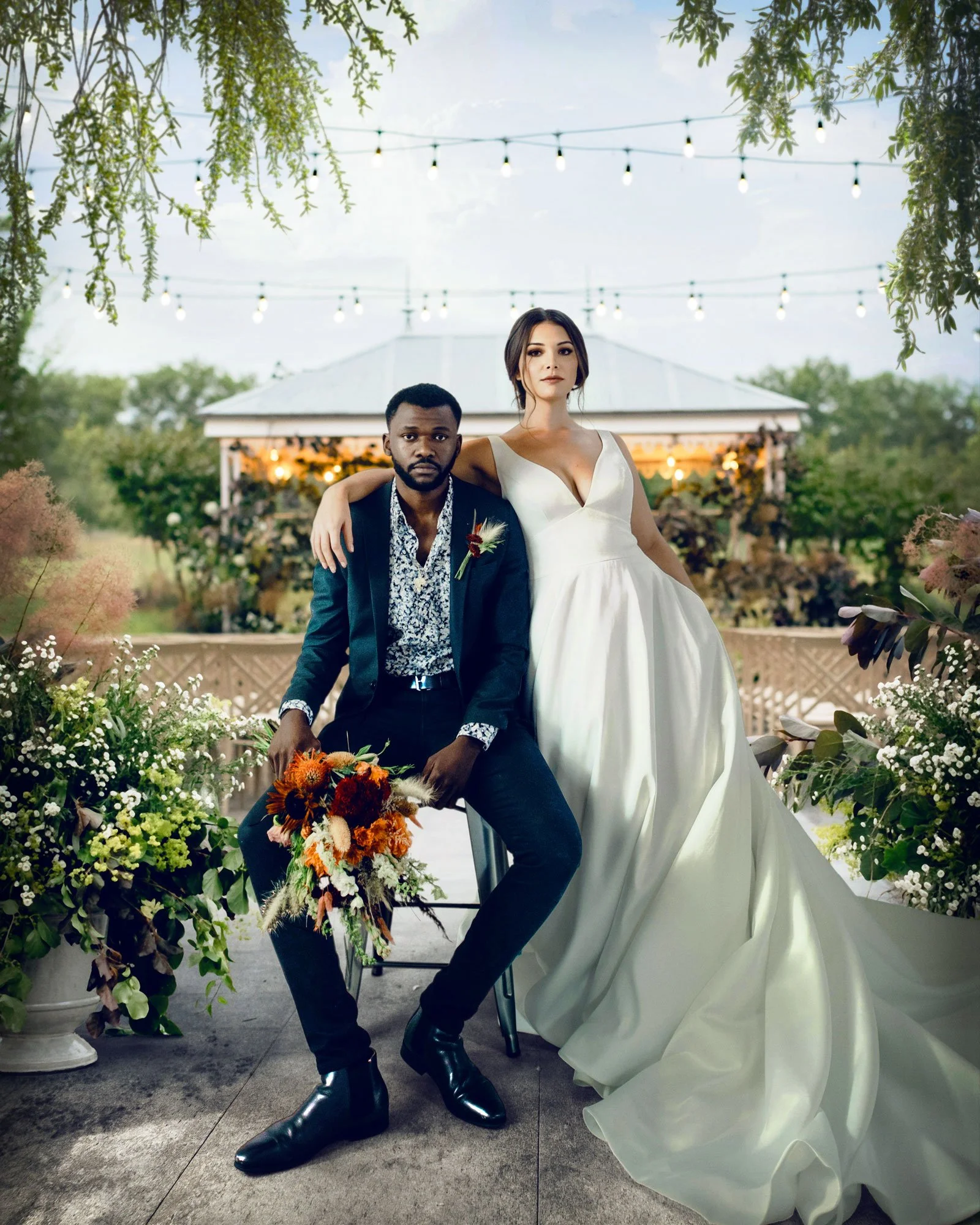 Final Wedding Portrait: Studio subjects integrated into a complete outdoor wedding environment with reconstructed lighting, matched color, and polished commercial finishing.