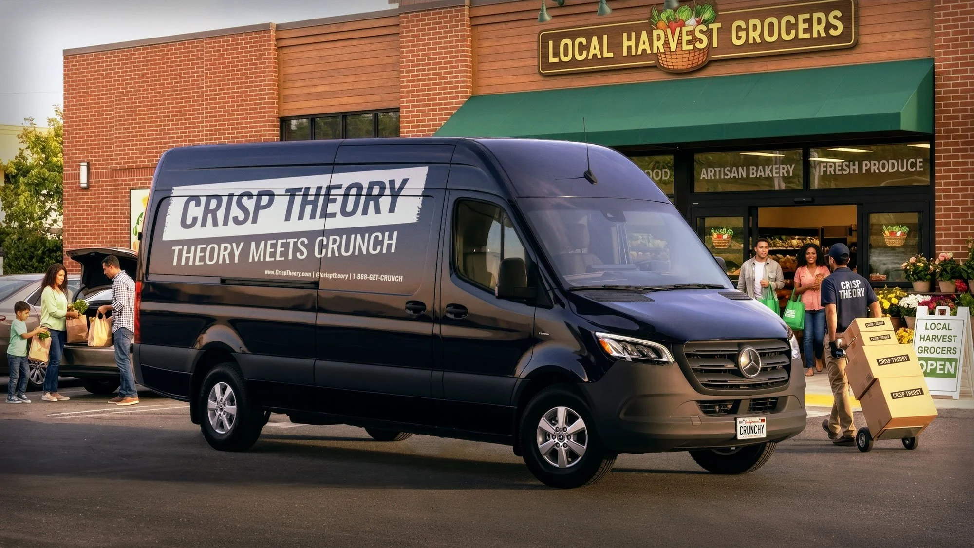 Fleet Branding Concept: Branded delivery van concept showing how the Crisp Theory identity can extend into real-world marketing and retail distribution.