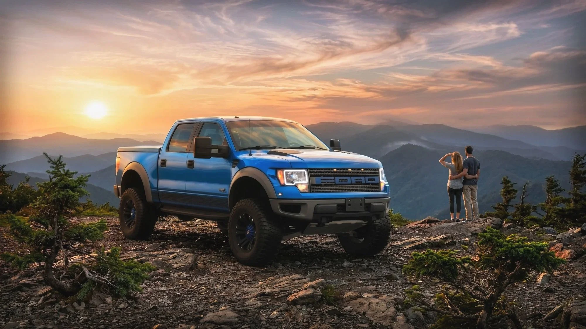 Stock image of a first-generation Ford Raptor integrated into a sunset Appalachian mountain environment, featuring advanced specular highlight engineering, ground-contact tracking, and lifestyle character elements to deliver a premium automotive camp