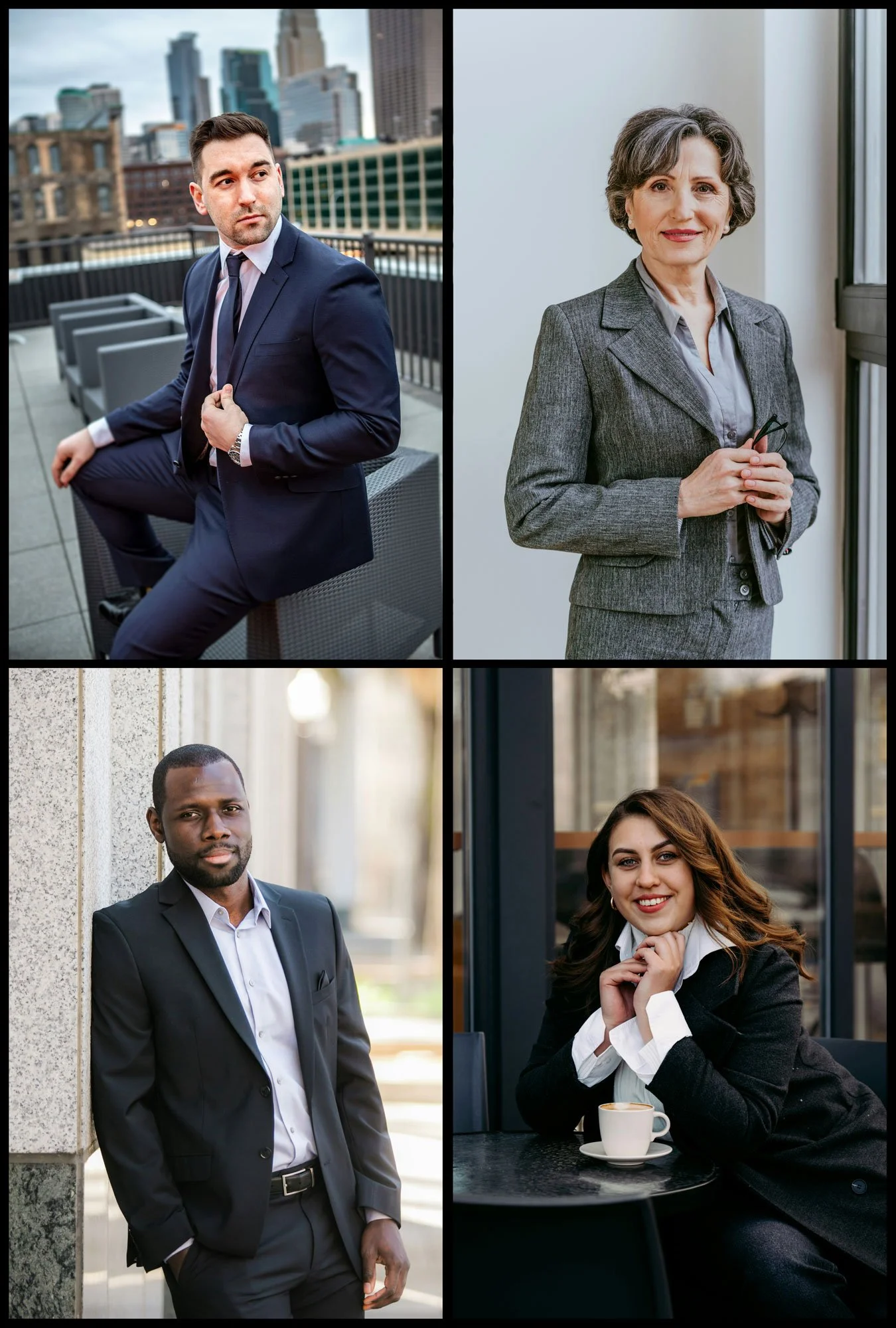 Original Source Images: Unrelated stock portraits with mismatched lighting, color, backgrounds, contrast, and overall visual style.