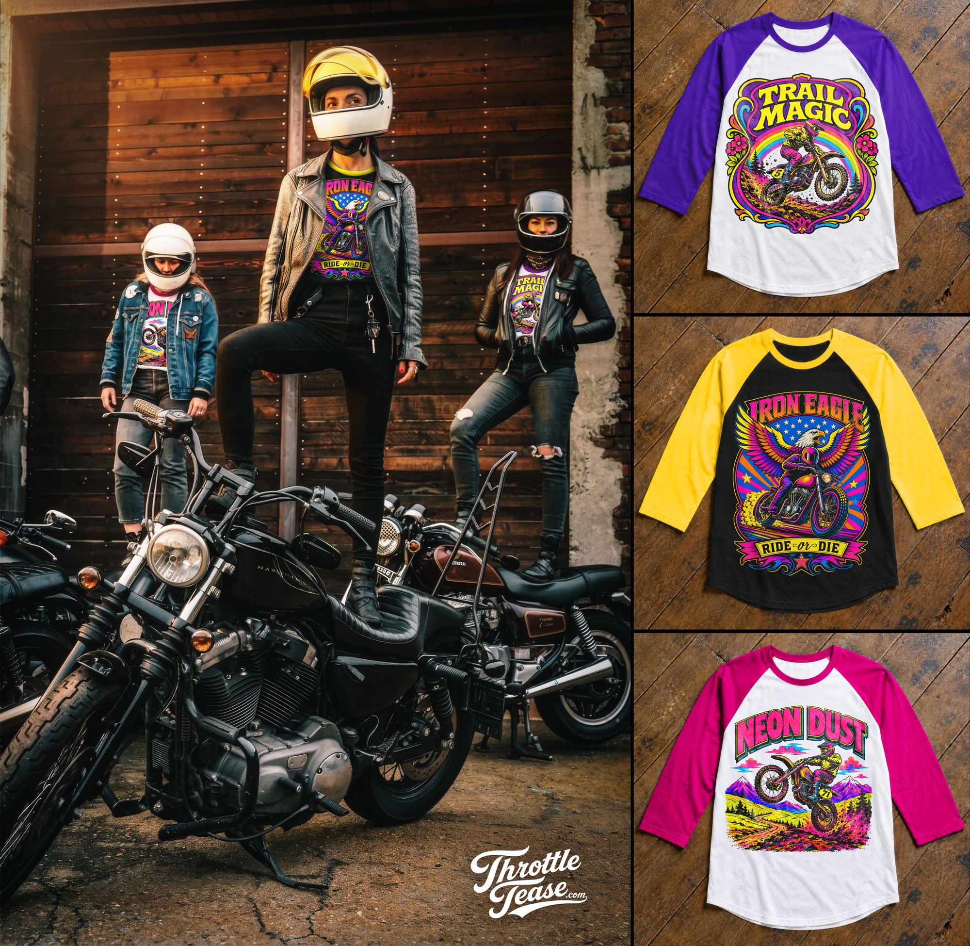Throttle Tease Apparel Lineup | Three coordinated shirt designs shown across a group campaign image and retail-style product presentations.