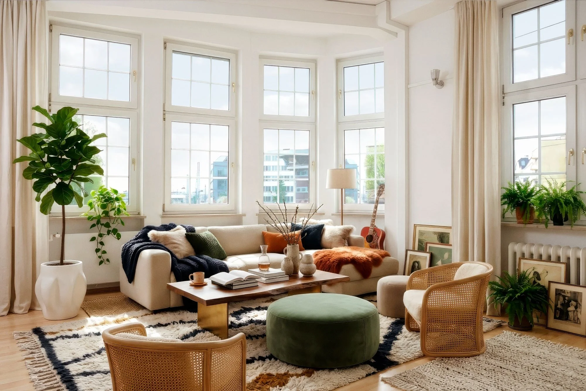 After | Virtually staged interior transformed into a warm, market-ready living space through furniture integration, styling, window recovery, and final color finishing.