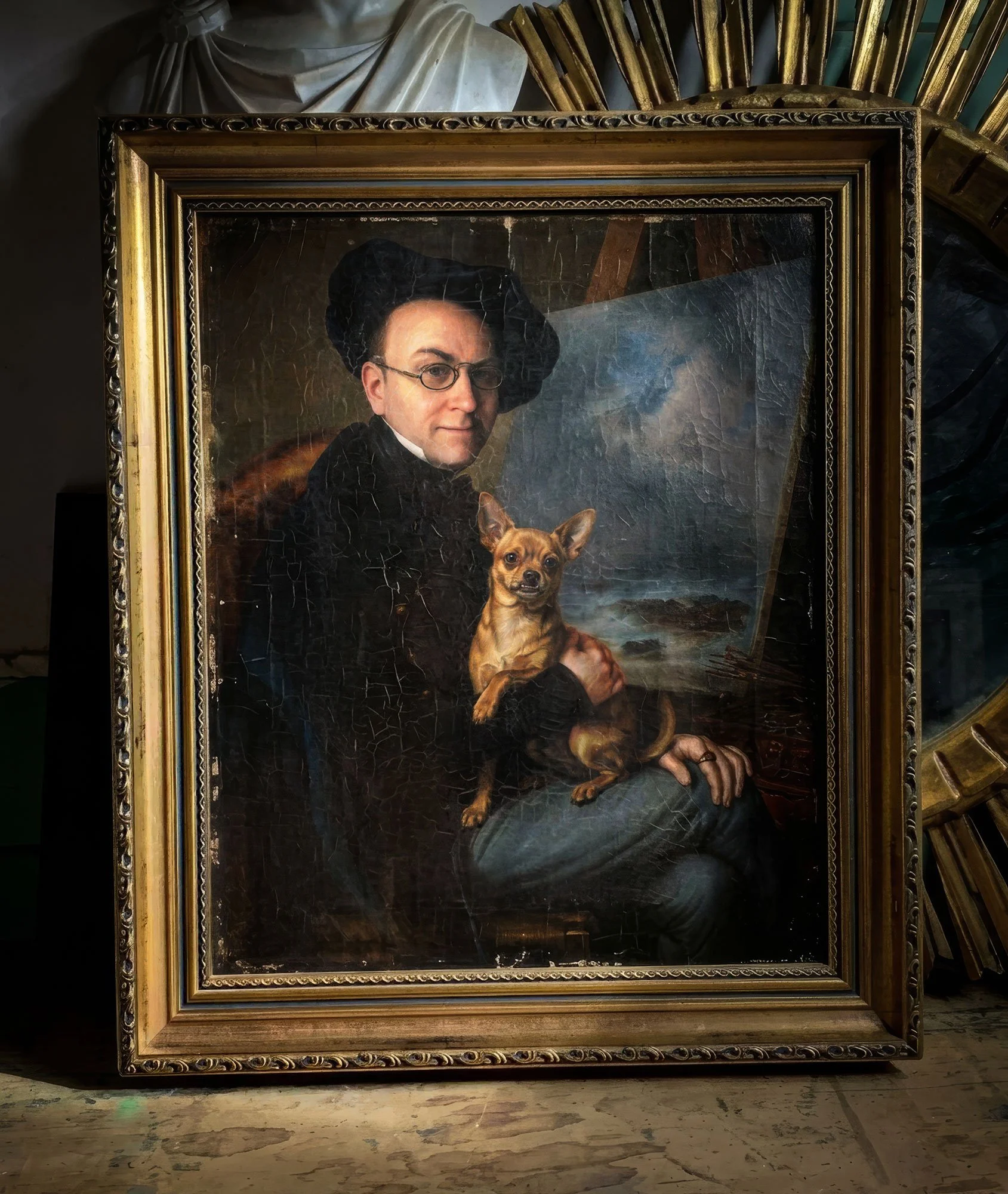 Creative bio portrait of Tim Matney, founder of Indigo M Creative. An AI-modified 19th-century portrait painting featuring his face and dog, composited inside an actual photograph of a framed 18th-century painting leaning against props.