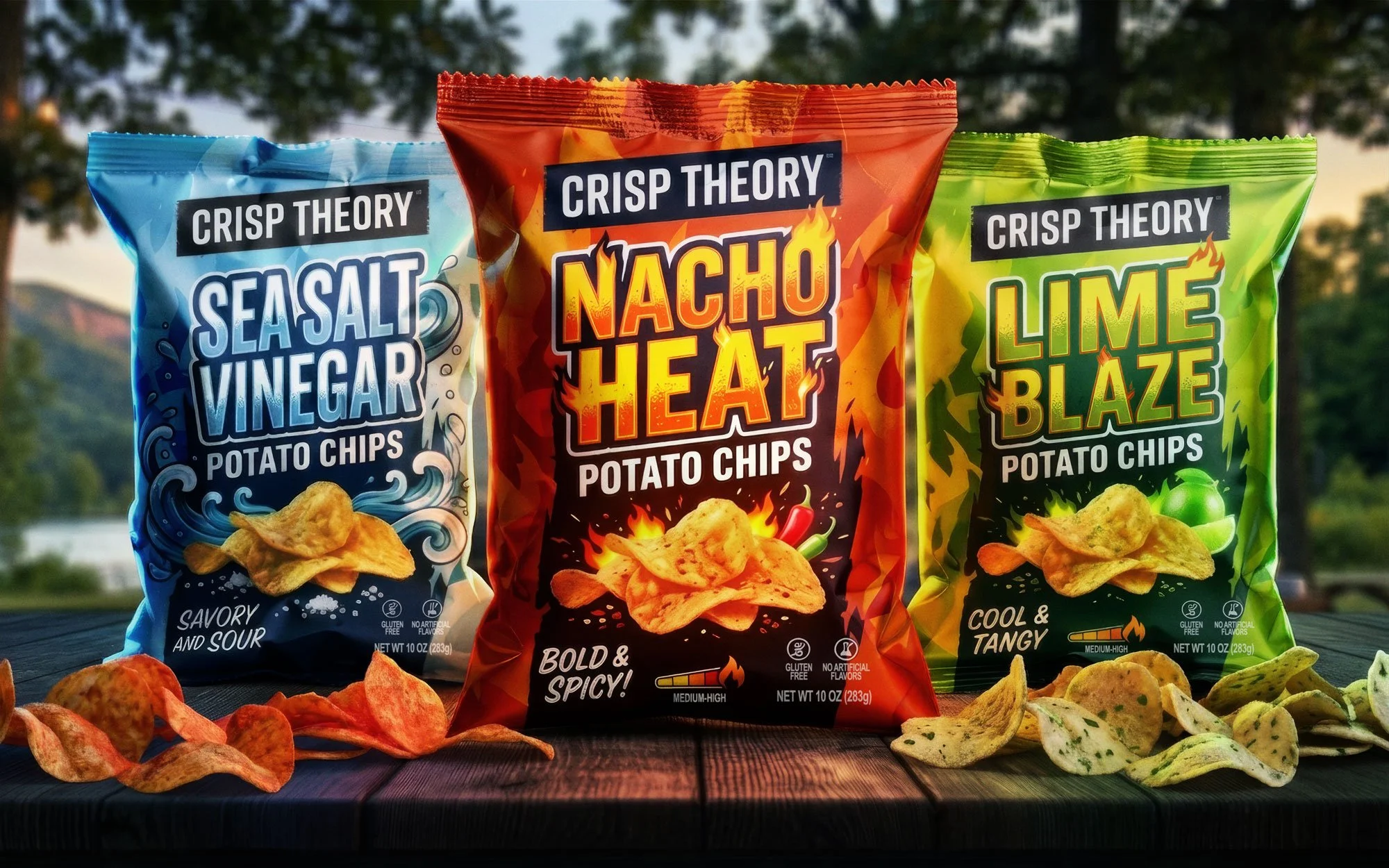 Product Line Hero Image: Three-flavor packaging concept for Crisp Theory, designed and finished as a polished product campaign asset.