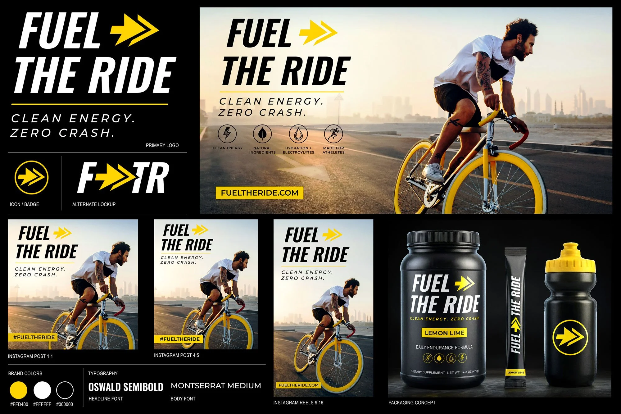 Brand System Overview | Logo, typography, color palette, product concept, and campaign layouts developed into a unified visual system.