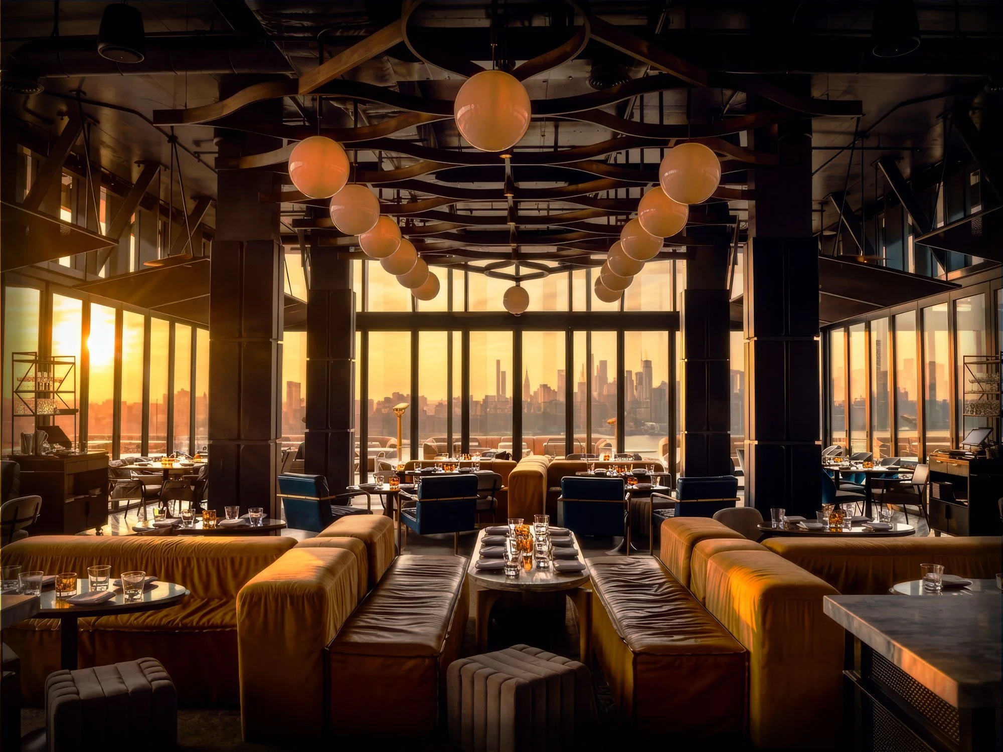 Sunset Hospitality Image | Warm sunset variation with adjusted exterior light, interior highlights, and coordinated color throughout the space.
