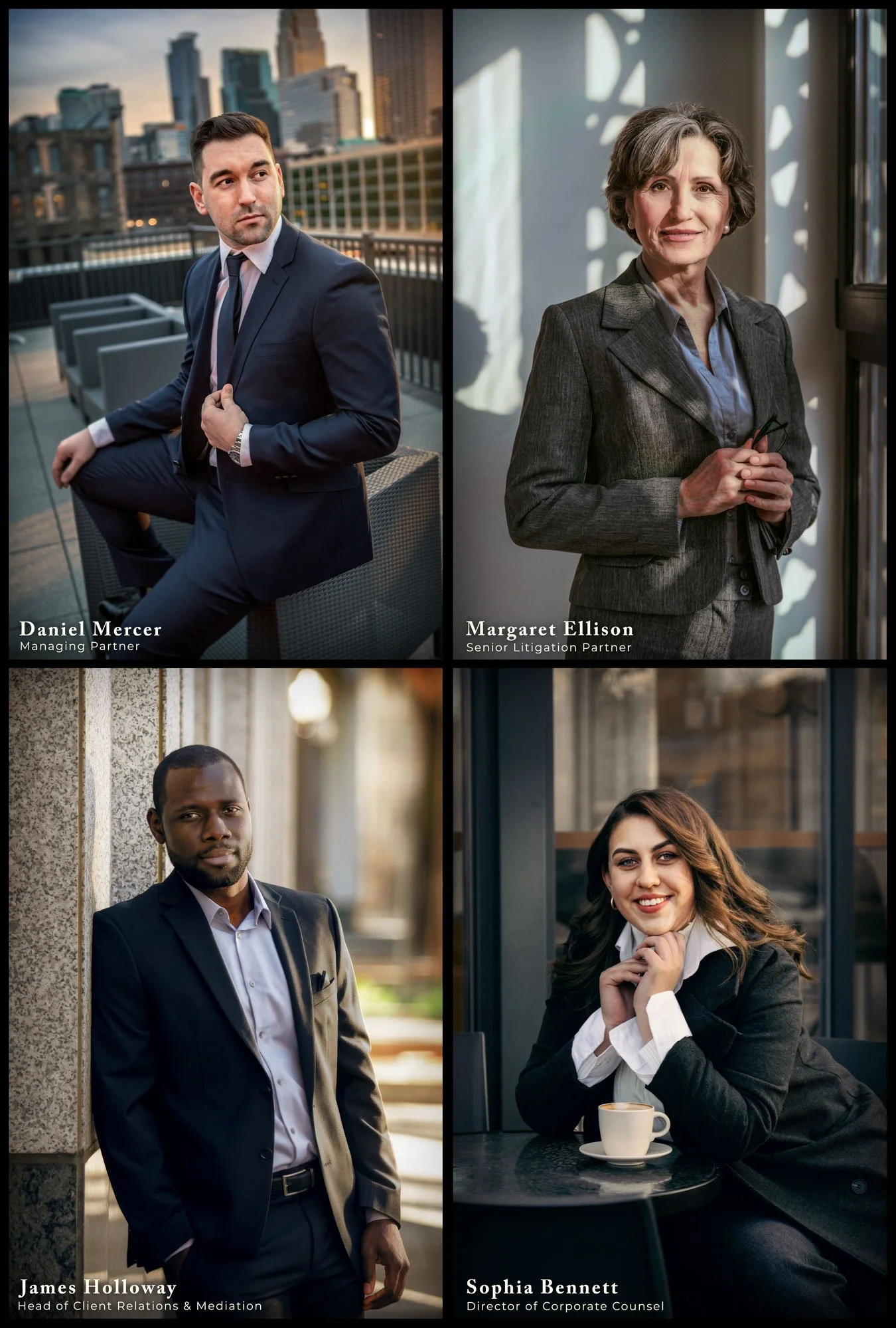 Final Corporate Portrait Set: Cleaned, color-matched, and branded executive portraits presented as a unified law firm profile series.