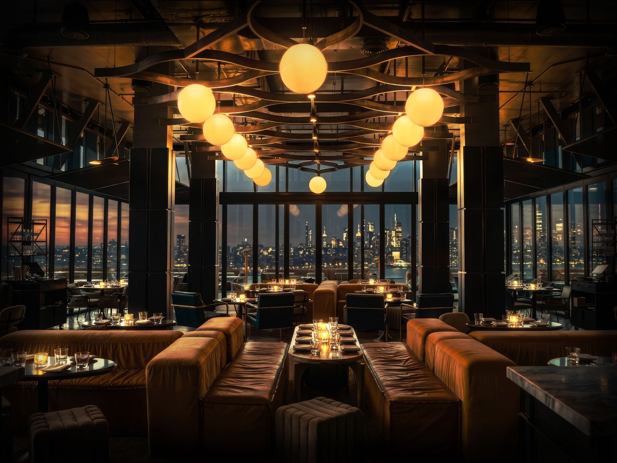 Nighttime Hospitality Image | Night conversion with illuminated interiors, city lights, refined reflections, and a warmer upscale atmosphere.