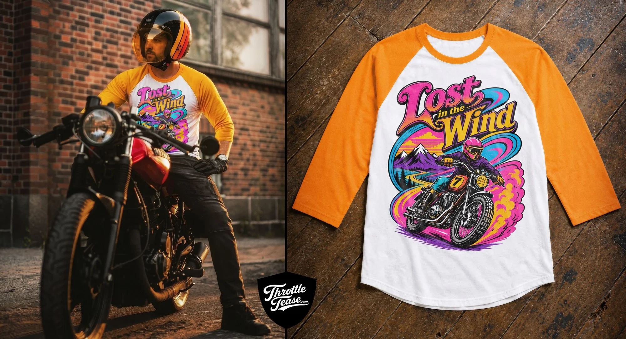 Lost in the Wind Campaign Image | 1970s-inspired motorcycle graphic integrated into a warm lifestyle image with a matching product mockup.
