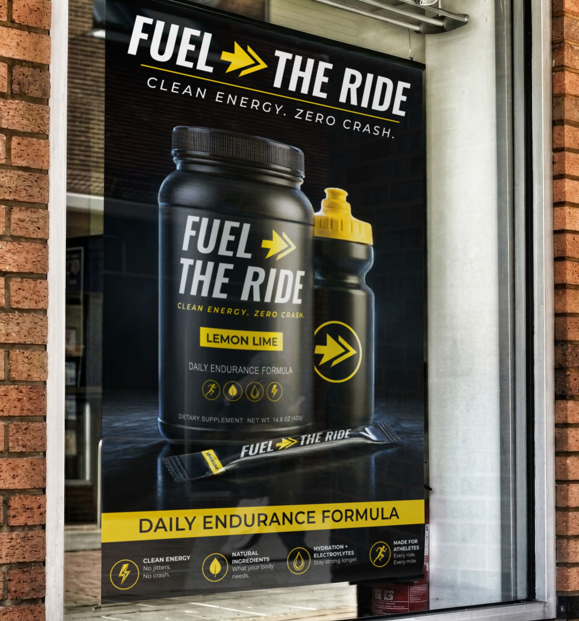Retail Poster & Packaging Concept | Supplement packaging and retail poster design composited into a storefront-style display.
