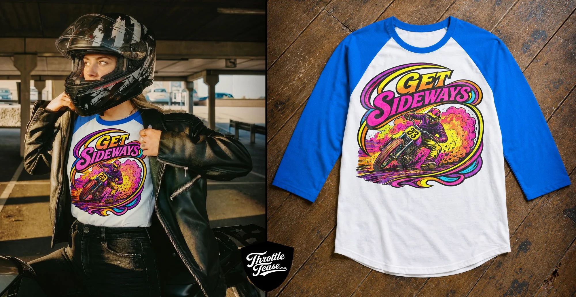 Get Sideways Campaign Image | Retro motorcycle shirt design presented through a lifestyle image and product mockup.