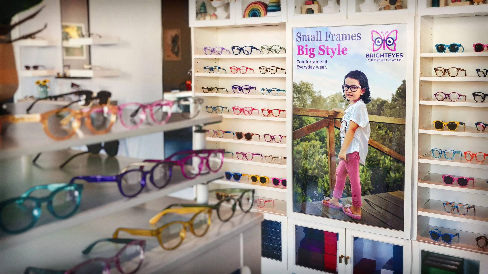 Optical Shop Poster Display | BrightEyes campaign poster integrated into a reworked optical retail environment, combining custom branding, graphic design, AI-assisted scene development, and Photoshop compositing.