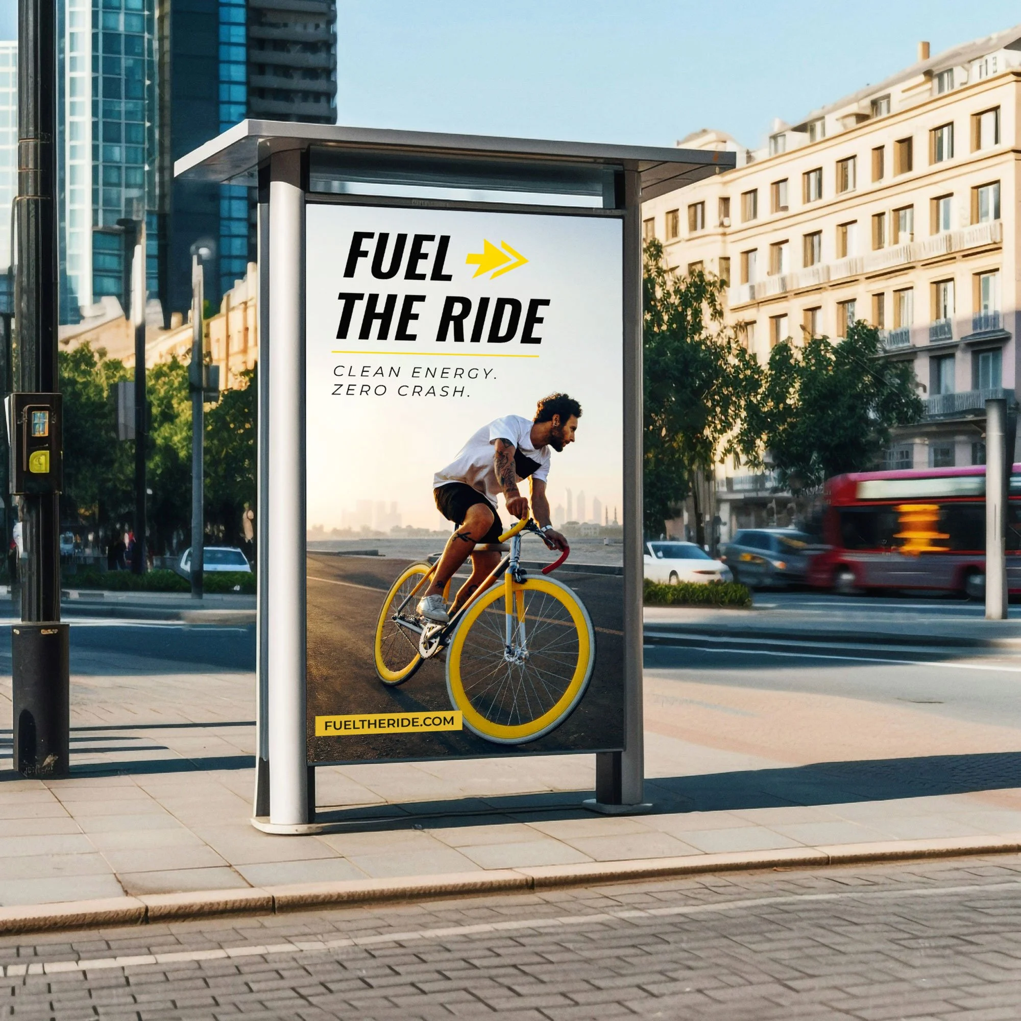 Outdoor Advertising Mockup | Bus stop campaign placement with the hero image rebuilt and composed for large-format public display