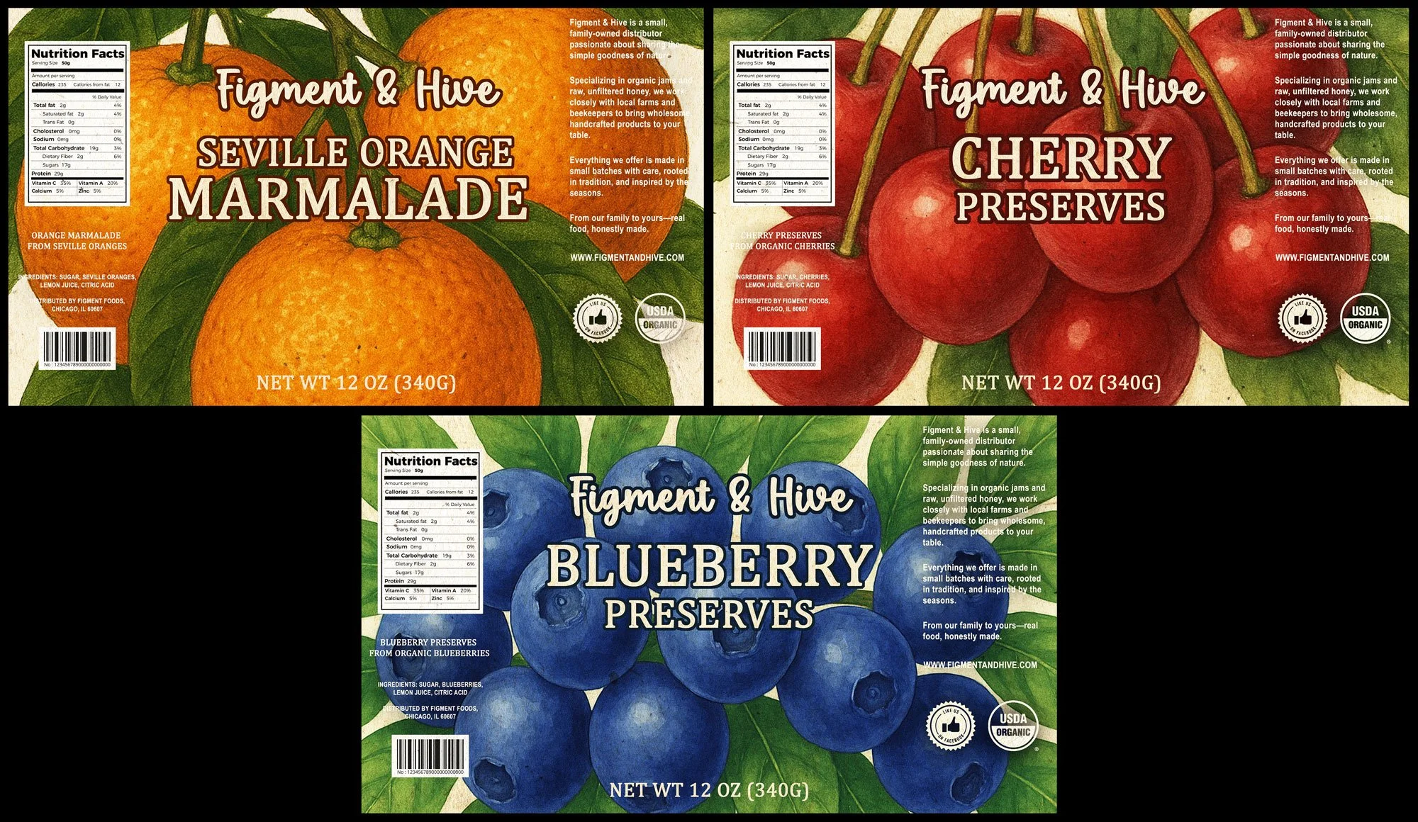 Label Design Sheet: Three coordinated packaging labels developed for the Figment & Hive preserves line.