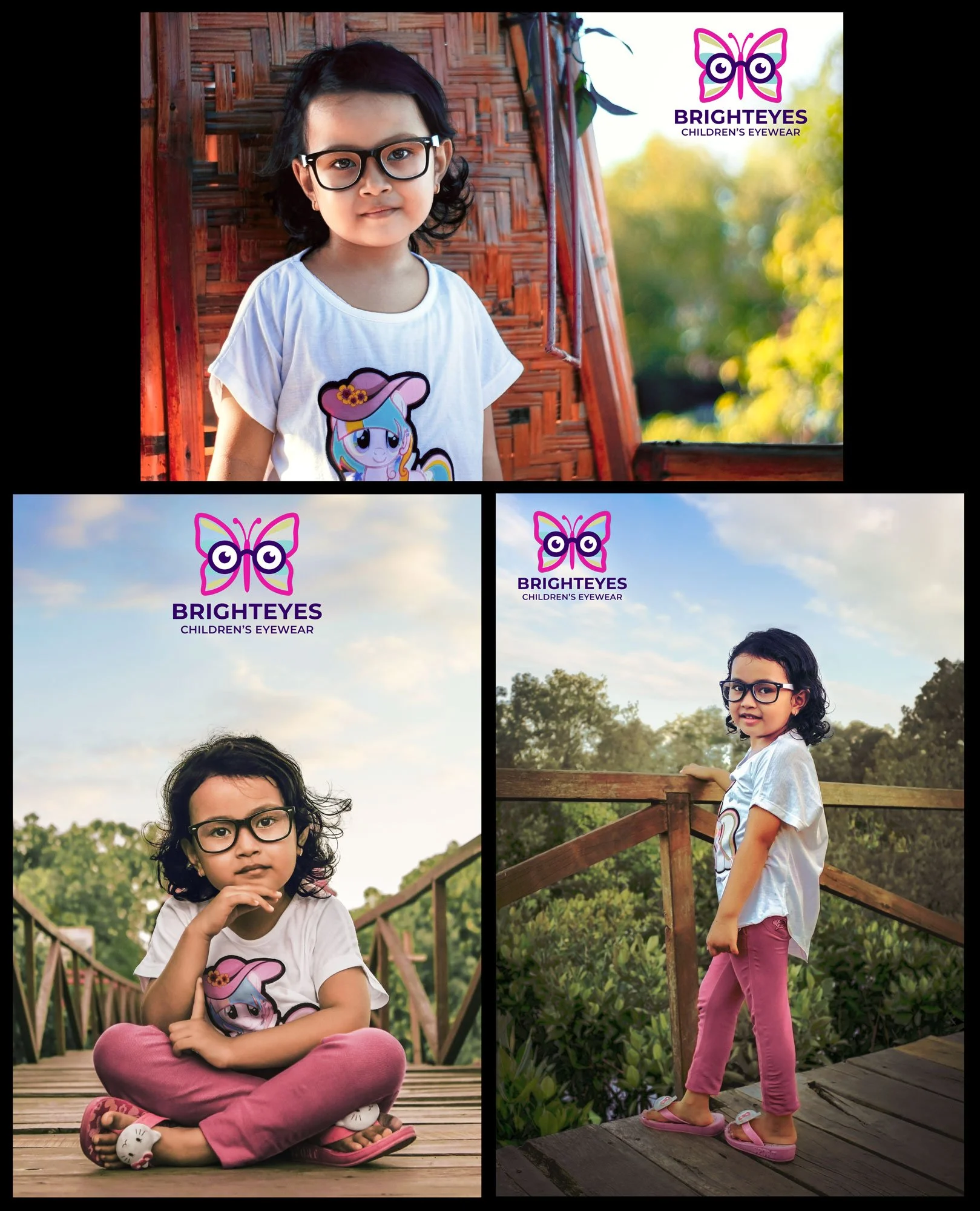 Final Campaign Images: Cleaned, color-matched, and branded image set with added eyewear, improved skin tones, warmer lighting, and a polished optical retail / magazine-style finish.
