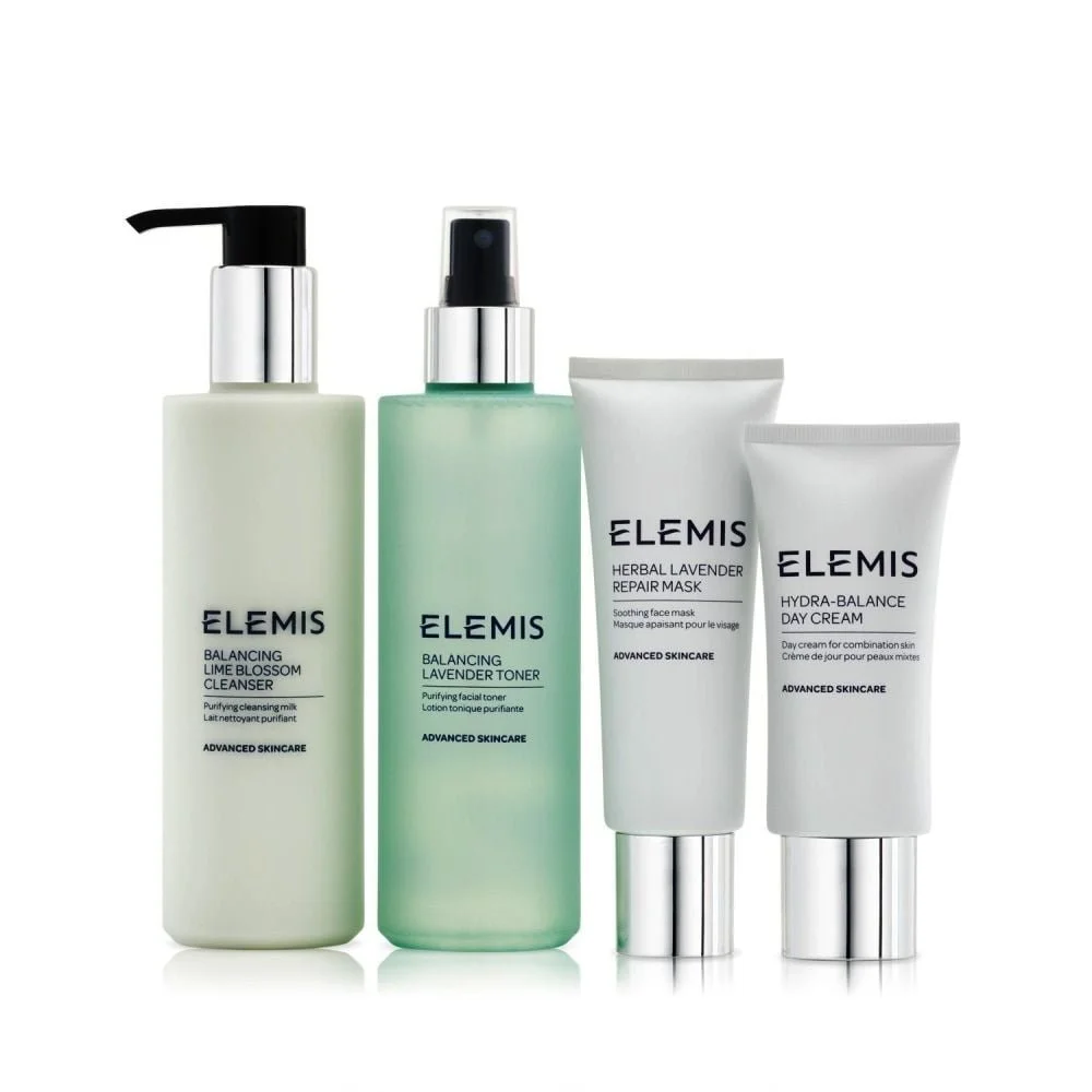 Four skincare products from Elemis, including a lime blossom cleanser, lavender toner, herbal lavender repair mask, and Hydra-Balance day cream, arranged in a row against a white background.