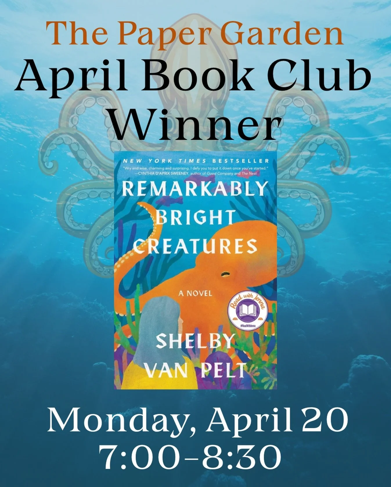 We have our April (nature themed) book club pick! Remarkably Bright Creatures! 

Monday, April 20 from 7:00-8:30. Doors open at 6:30.