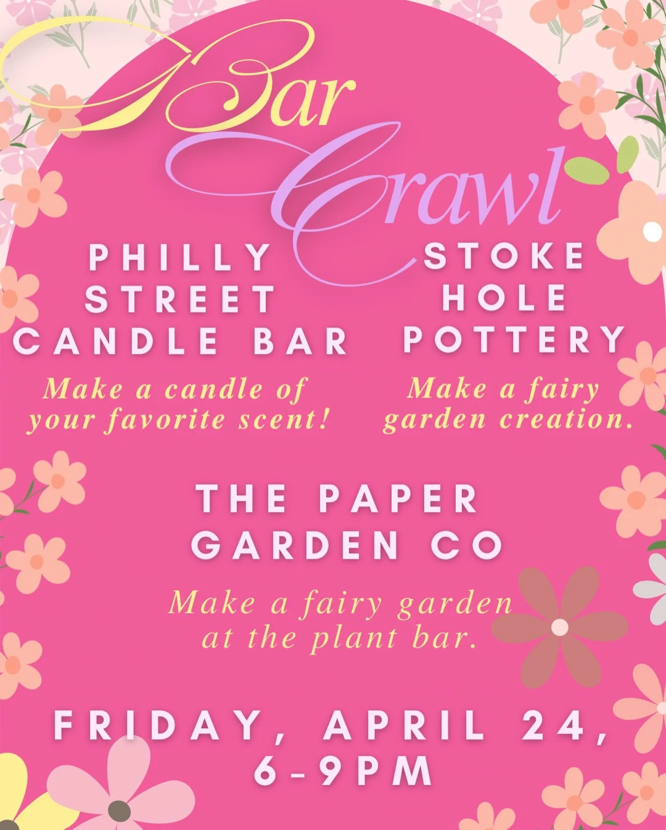 It is time&hellip;.for the next bar crawl with 

@stokeholepottery (Indiana location)
@phillystreetcandlebar 
And @thepapergarden_co 

What kind of bar crawl are we talking about? Why, one in which we make things, of course!! A trip to the candle bar