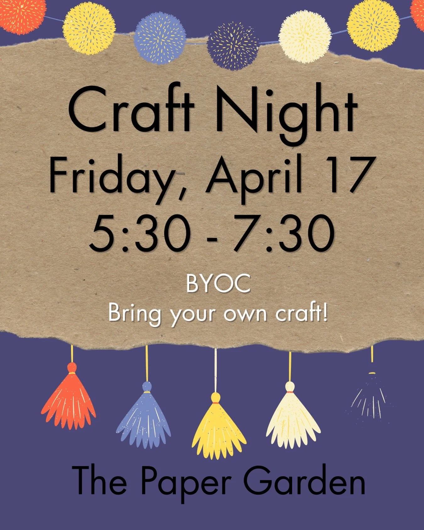 Craft night is this Friday from 5:30-7:30. Bring something you&rsquo;re working on. That WIP that&rsquo;s been staring at you from the corner of the room. Get one of our tea lattes (they&rsquo;re actually so good, I&rsquo;m drinking one right now). J