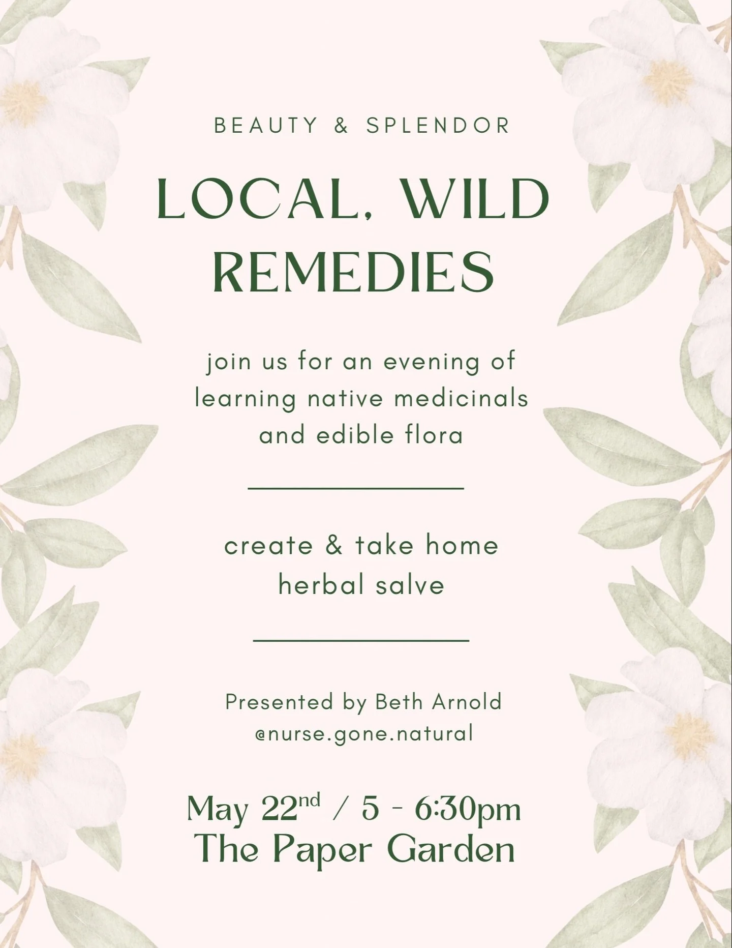 Tickets are on sale now for an herbal workshop with Beth from @beautyandsplendoressentials where you will learn about native plants and make a take home herbal salve! 

https://square.link/u/Yz29HkHS?src=sheet