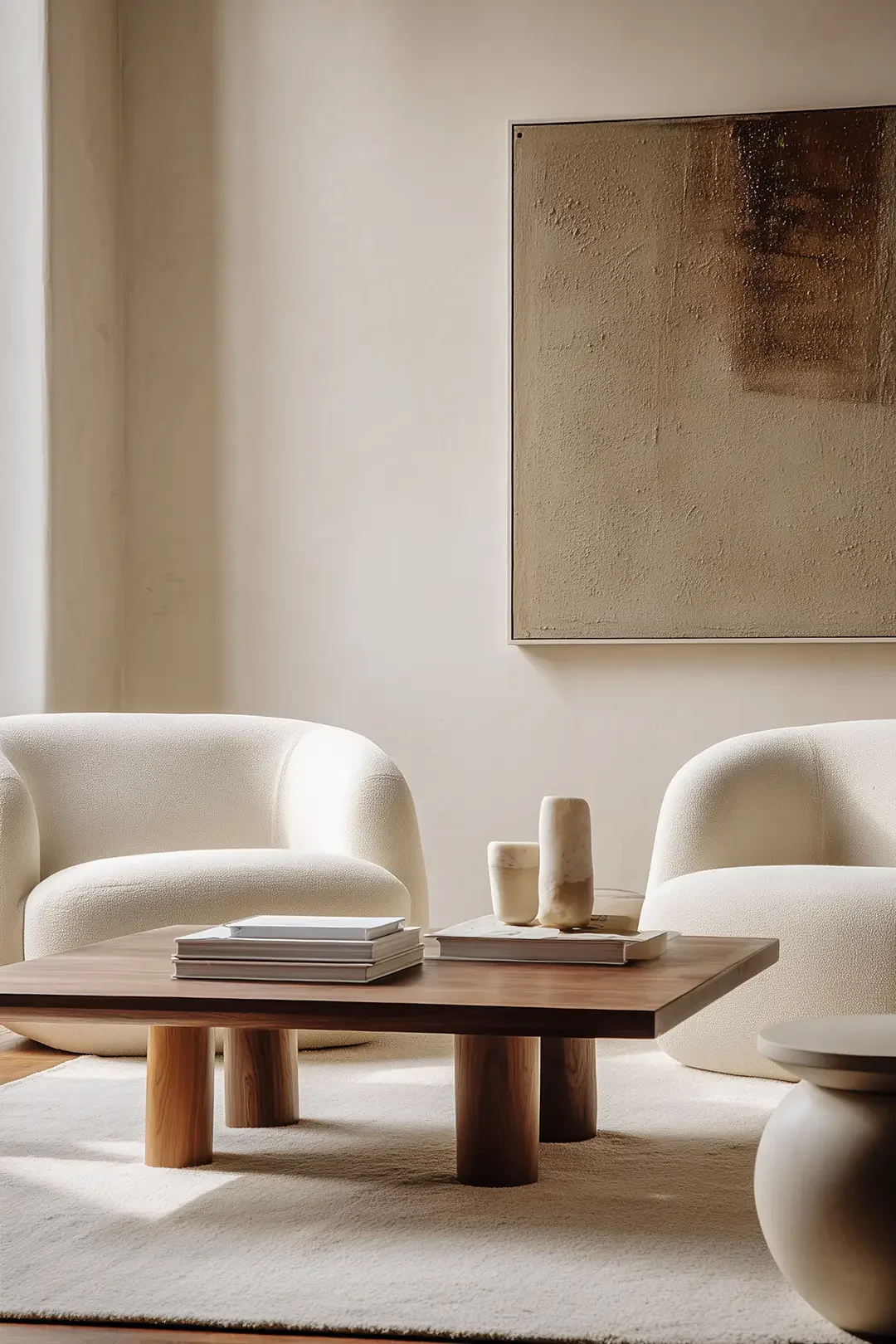 Cozy living room by Studio Sakaia with plush white armchairs, oak coffee table, neutral rug and textured artwork on the wall.