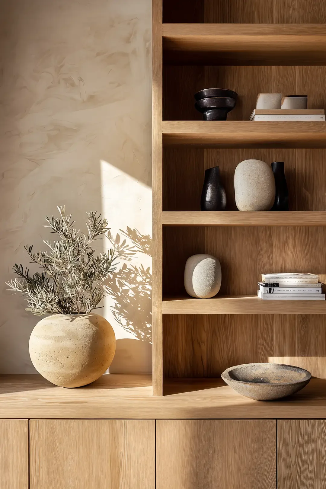 Minimalist shelf styling with potted greenery, sculptural vases and stacked books, curated by Studio Sakaia.