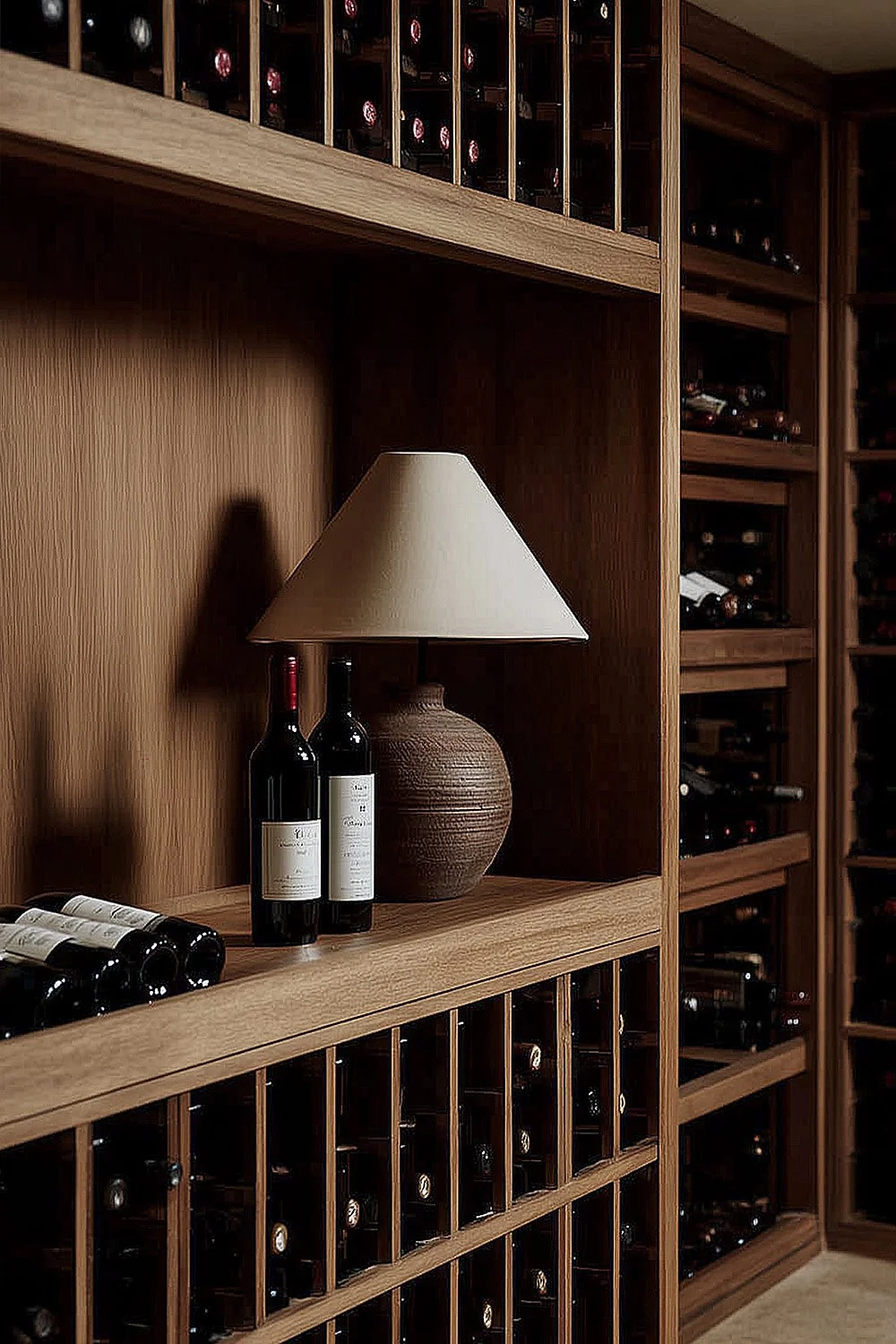 Warm wooden wine cellar with vertical and horizontal racks, styled with a ceramic lamp and wine bottles — Studio Sakaia interior detail.