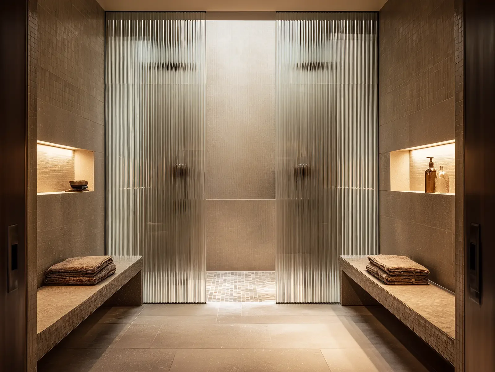 Minimalist shower room in Dubai by Studio Sakaia with frosted glass doors, stone benches and built-in wall niches.