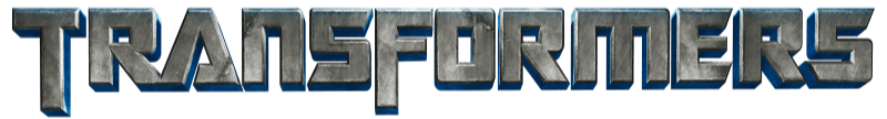 The Transformers logo in metallic style with blue and green accents.