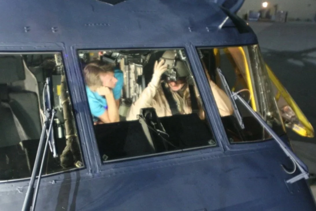 Michael Bay working with Brian Reece in the MH-53 as Moustache Man in Transformers