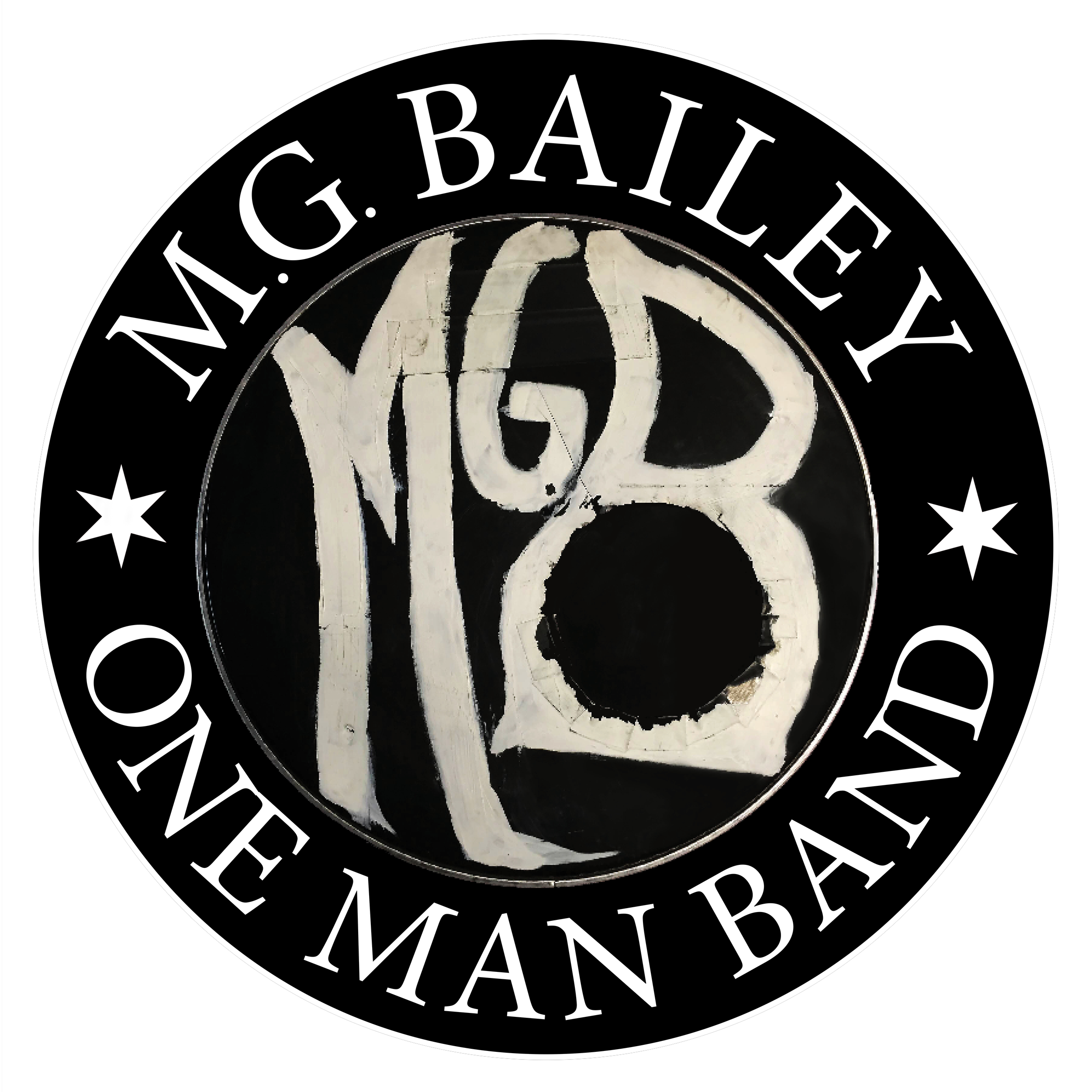 Logo featuring a black circle with white text reading 'MC G. BAILLEY ONE MAN BAND' around the border and an abstract white design in the center.
