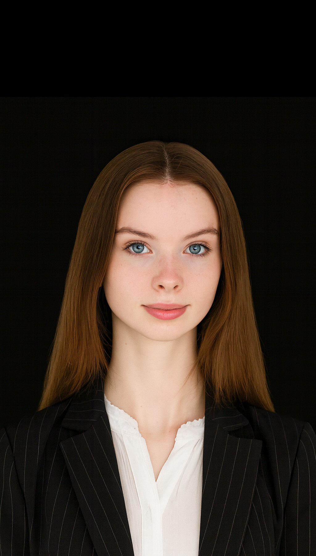 Portrait of a young woman with long red hair, blue eyes, wearing a black pinstripe blazer and white blouse, against a black background.