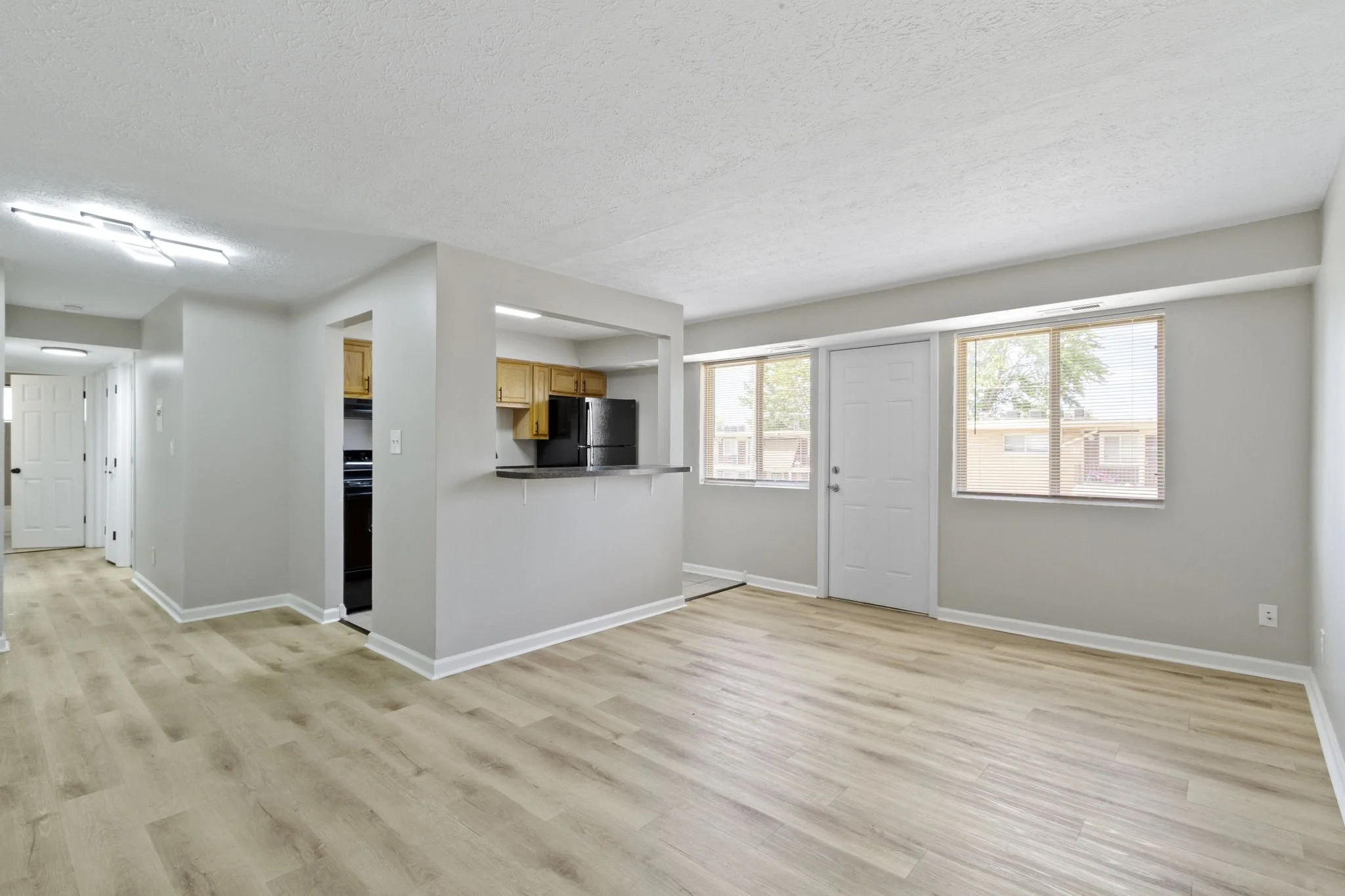 Empty living room and kitchen area with light-colored wood floors, white walls, large windows, and a white door.