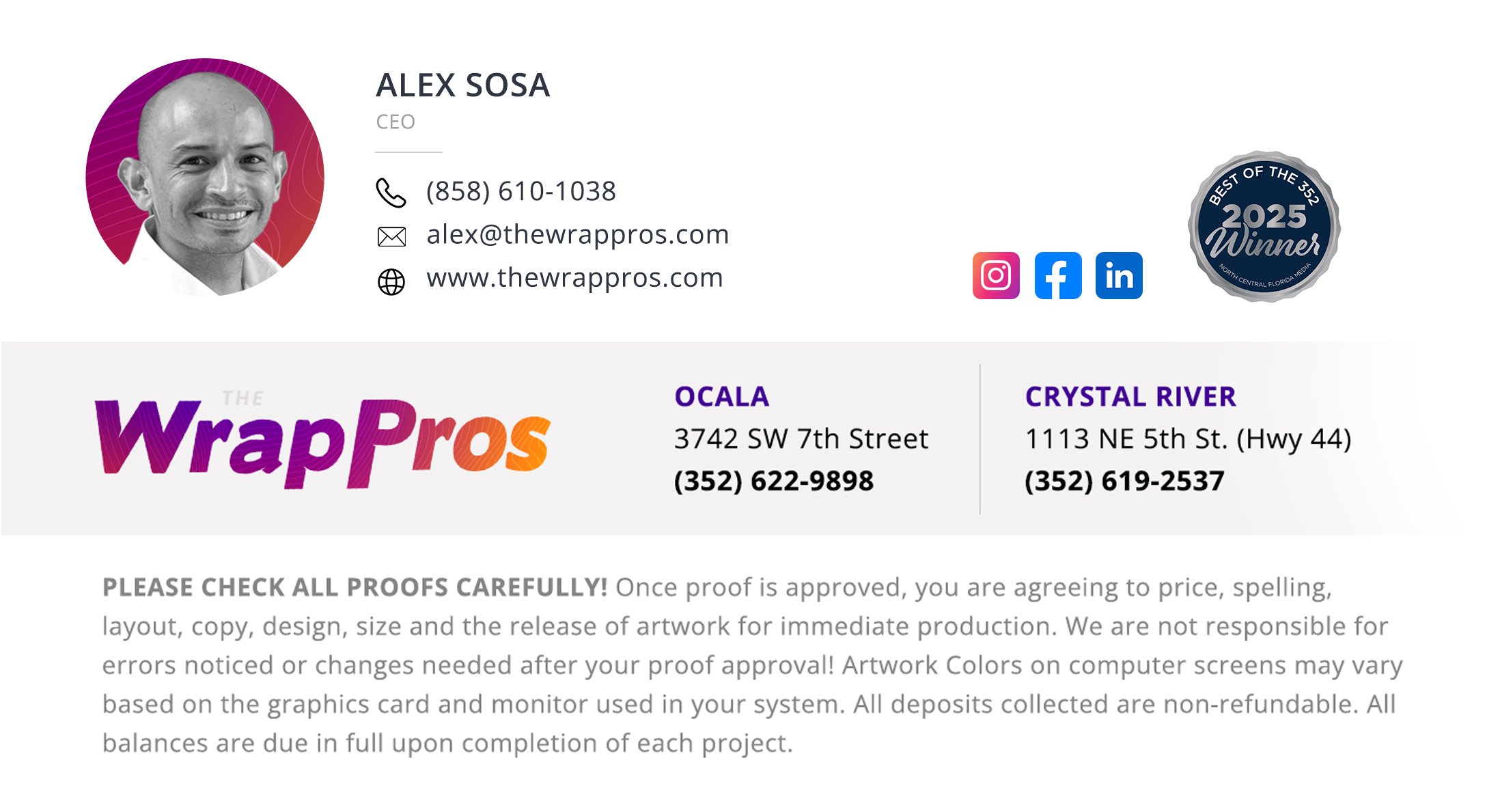 Business card for The Wrap Pros featuring contact information for Alex Sosa, including phone, email, and website. The card shows logos for Instagram, Facebook, and LinkedIn, and a badge indicating the company was the 'Best of the 352' winner in 2025. It provides addresses and contact numbers for OCALA and CRYSTAL RIVER offices and a note about proof approval process.