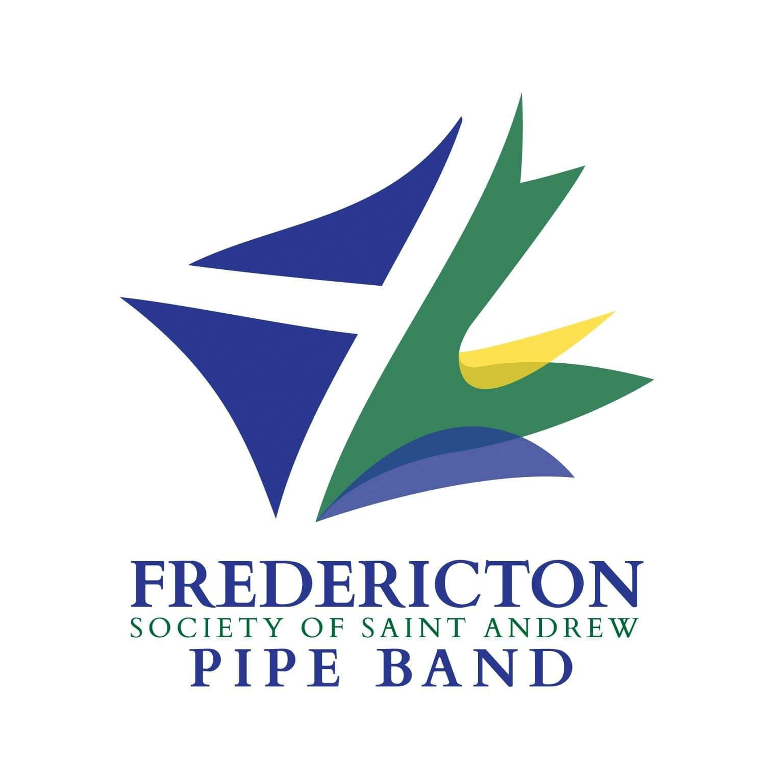 A colorful abstract logo for the Fredericton Society of Saint Andrew Pipe Band, featuring blue, green, and yellow shapes and text.
