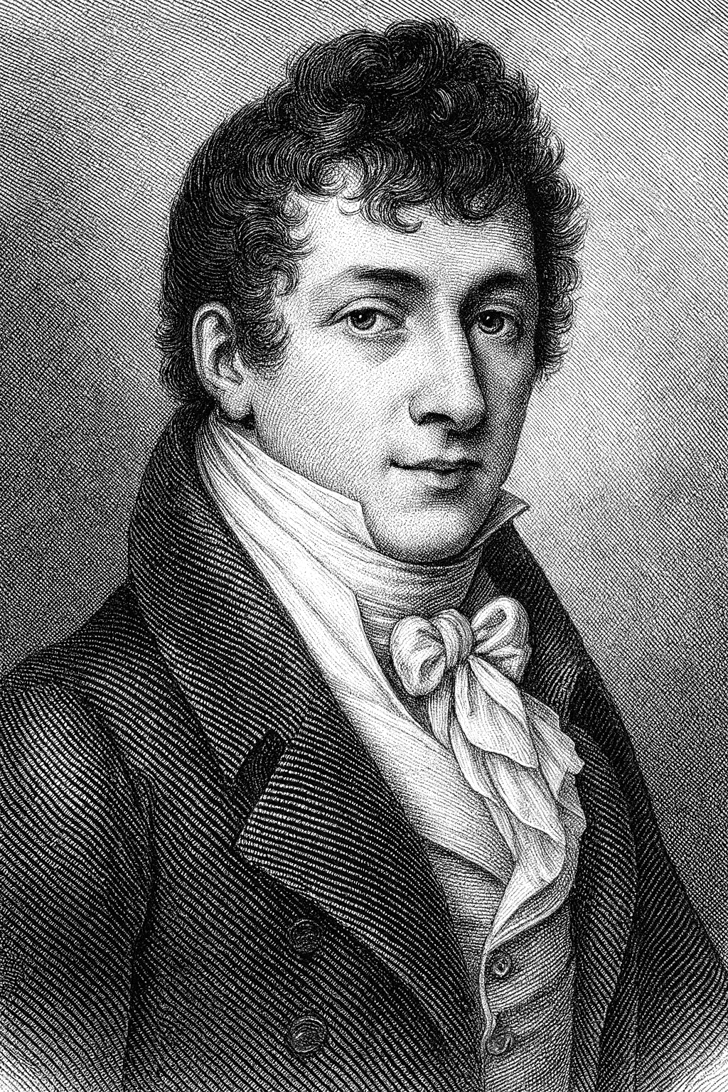 A detailed black and white portrait of a young man with curly hair, dressed in 19th-century clothing including a high-collared shirt, cravat, and coat.