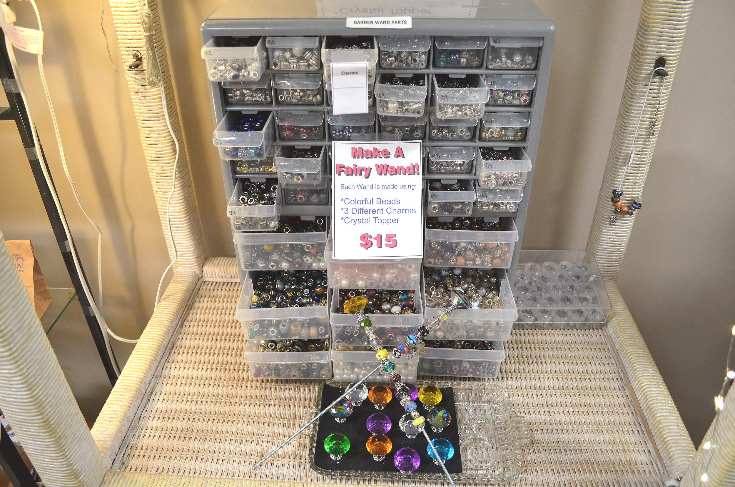 Make Your Own Fairy Wands with colorful beads, charms and crystal toppers