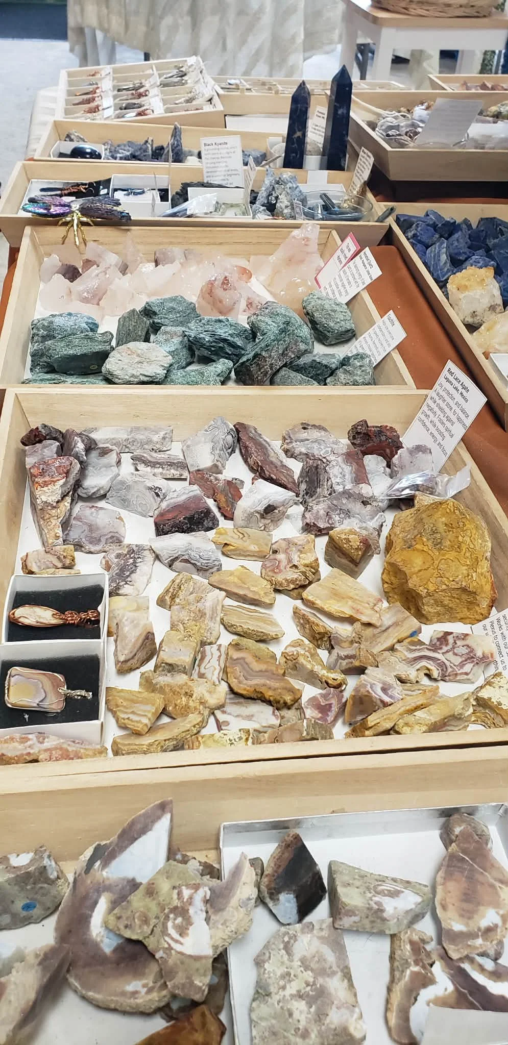 wide array of rough raw crystal minerals rare red lace agate fuschite