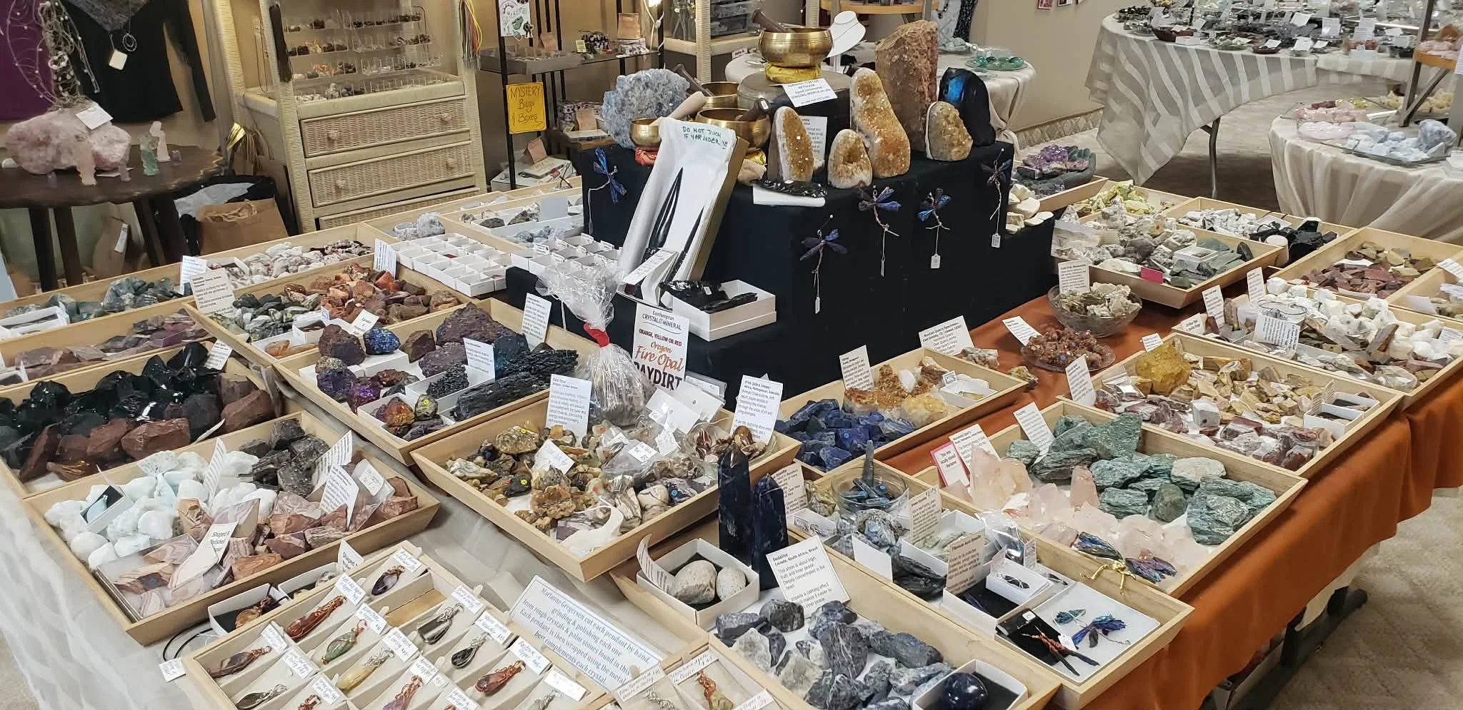 an enormous selection of rough raw crystals minerals geodes tibetan singing bowls dragonfly decorations jewelry art black tourmaline kyanite sodalite green aventurine celestite rhodonite moss agate tree agate citrine dolomite obsidian mahogany lapis