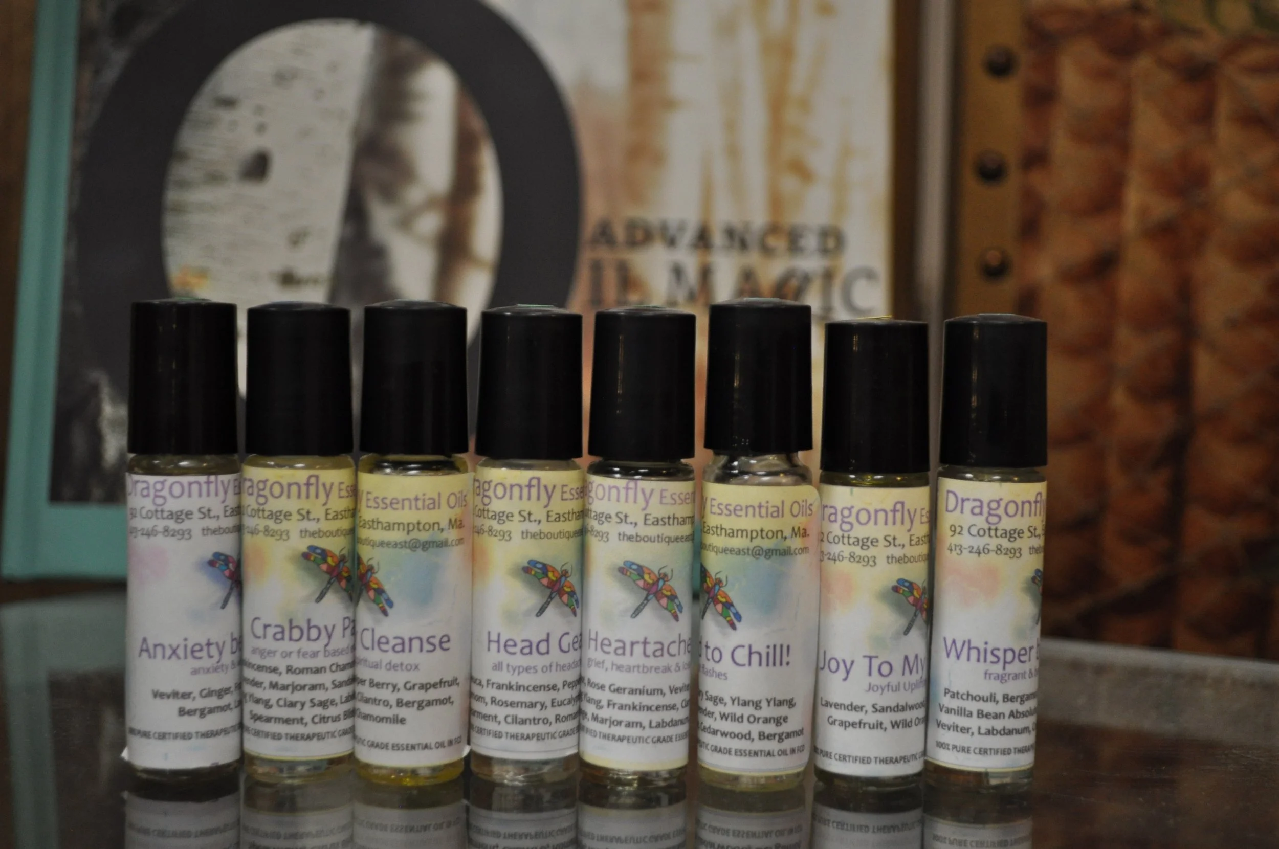 Easthampton Crystal & Mineral exclusive therapeutic grade Dragonfly Essential oil blend rollers, ylang ylang, sandalwood