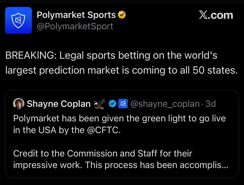 This week, the CFTC announced that it has taken a &ldquo;no-action position&rdquo; on reporting and regulations on event contracts, effectively making sports betting legal in all 50 states via Polymarket. This is a monumental step in the proliferatio