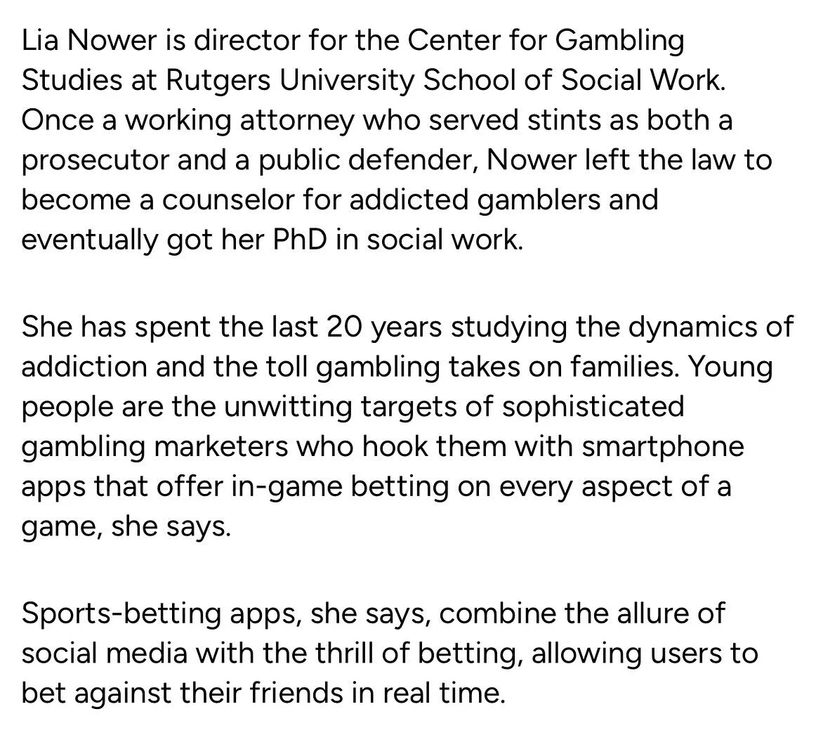 Bettor Off partner and advisory board member Lia Nower appears in the September issue of NJ Monthly Magazine.

Read Jeff Pillets&rsquo; full piece - &ldquo;Gambling Addiction Among NJ College Students Is Skyrocketing&rdquo; - here:

https://njmonthly