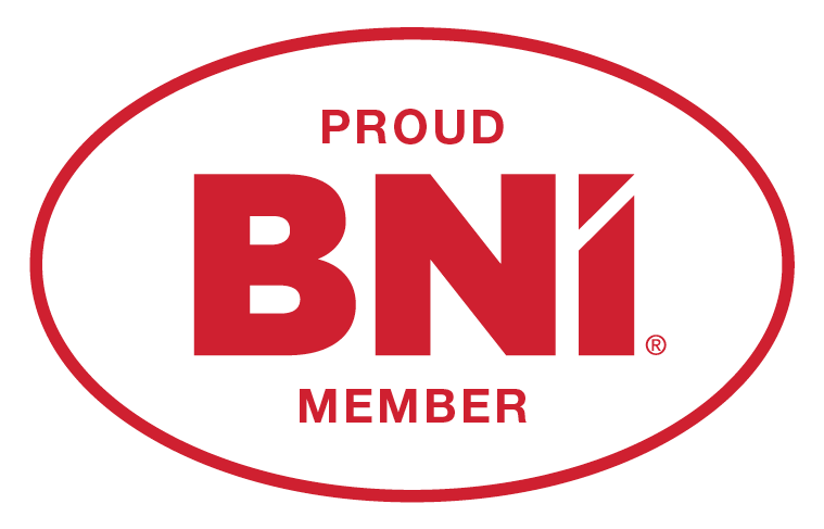 An oval badge with a white background and red border that reads 'PROUD BNI MEMBER' with the BNI logo in bold red letters in the center.