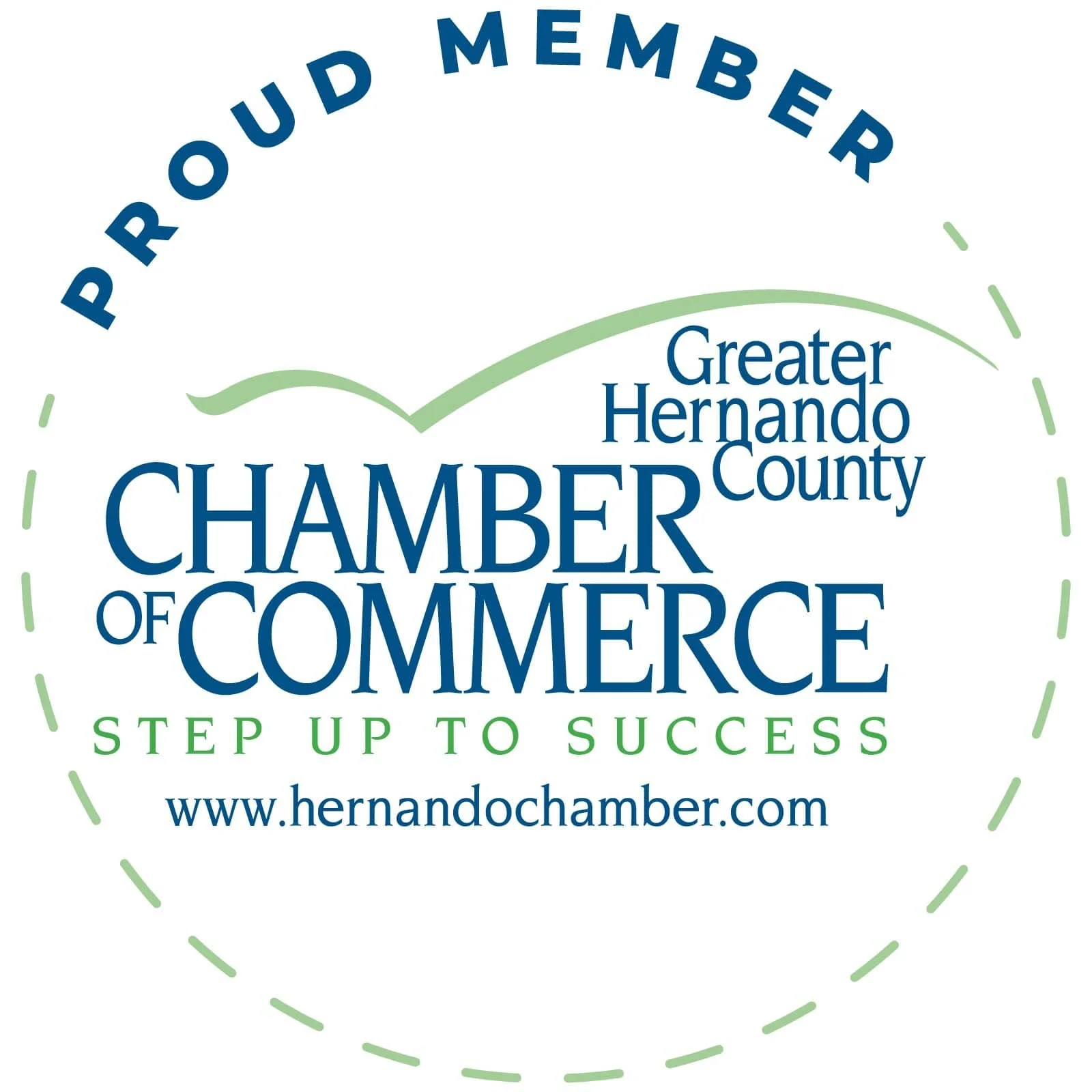 Logo of the Greater Hernando County Chamber of Commerce with the slogan 'Step Up To Success' and website www.hernandochamber.com.