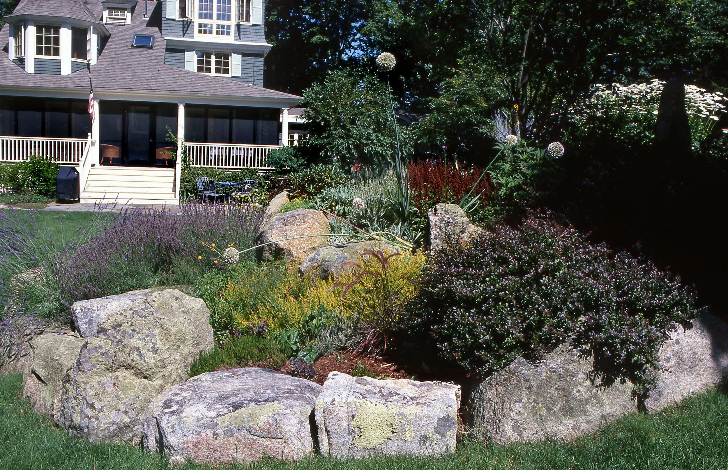 A landscaped garden with large rocks, flowering plants, and greenery in front of a house with a porch and stairs.
